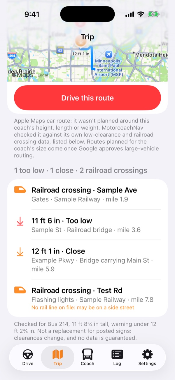 Trip tab: the low clearances and railroad crossings on the route, by mile