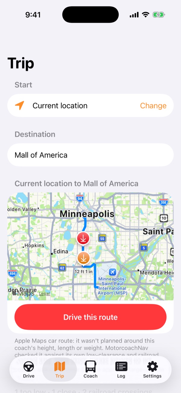 Trip tab: a start, a destination and the route on a map